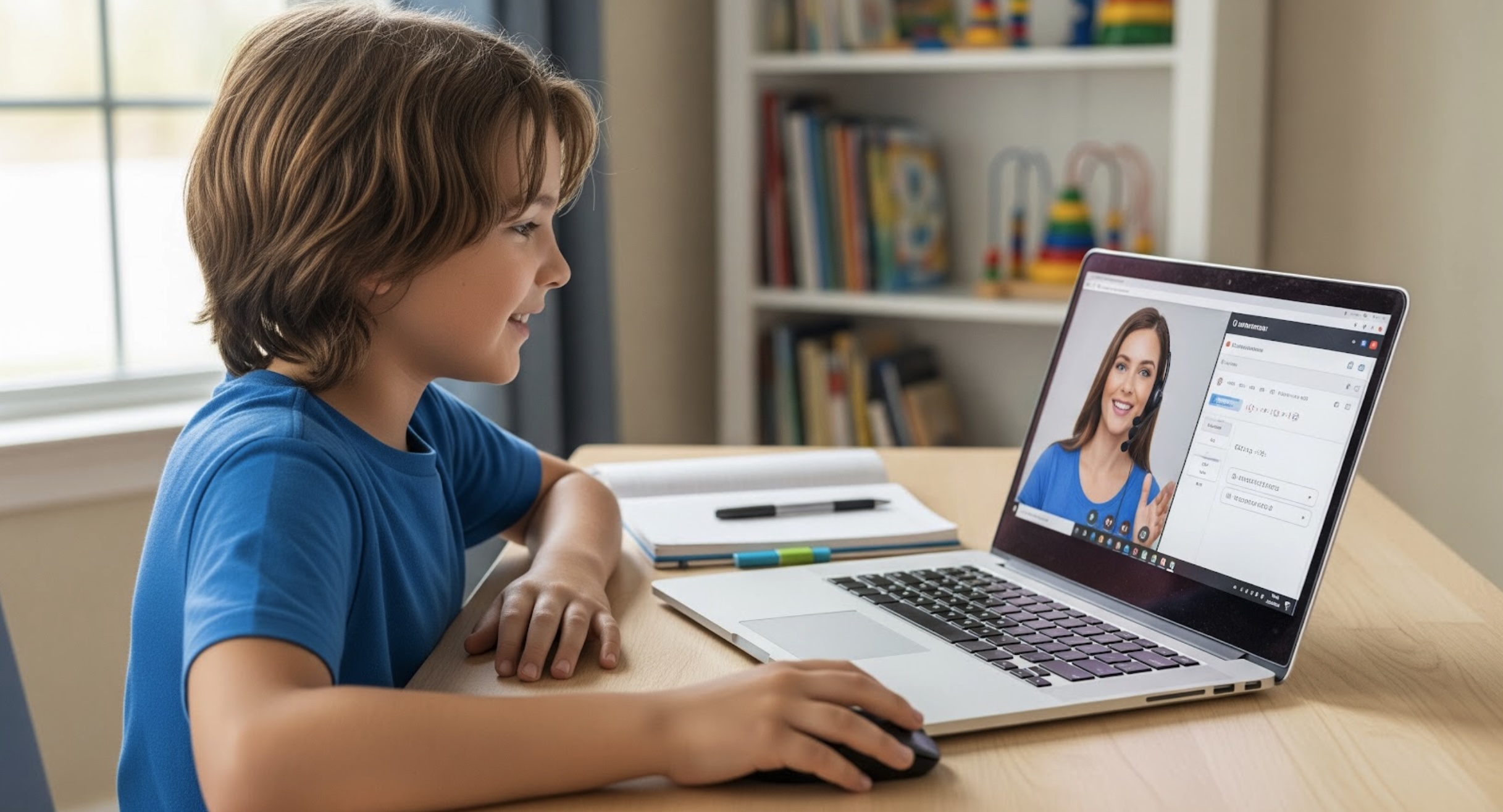 Parent teaching autistic child at home in peaceful homeschool setting