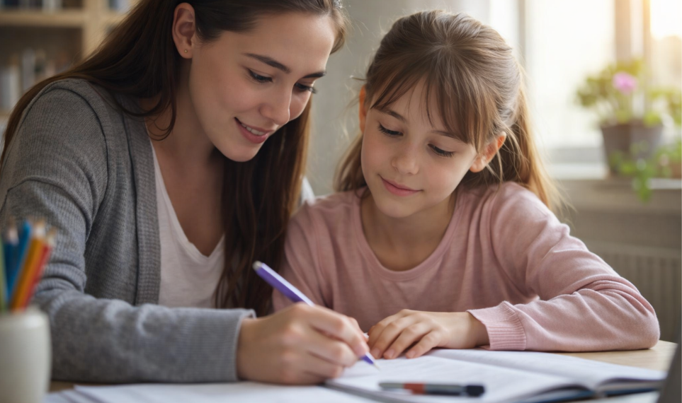 Child practicing reading and writing during homeschool lesson