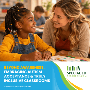Teacher and autistic student working together in an inclusive classroom