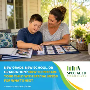 Parent and child with special needs sitting together at a table reviewing a visual schedule to prepare for school transition