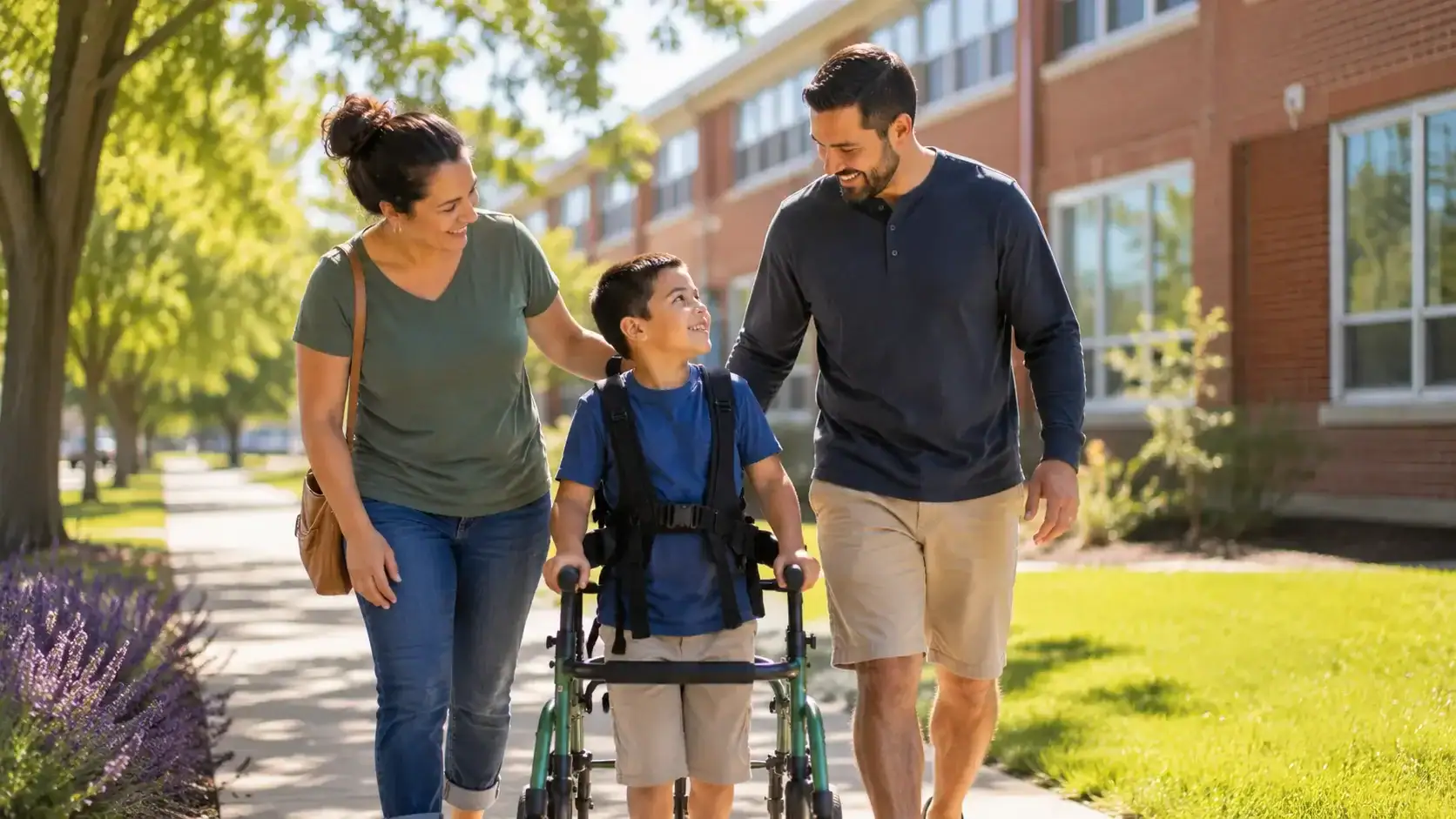 Parent and child with special needs sitting together at a table reviewing a visual schedule to prepare for school transition