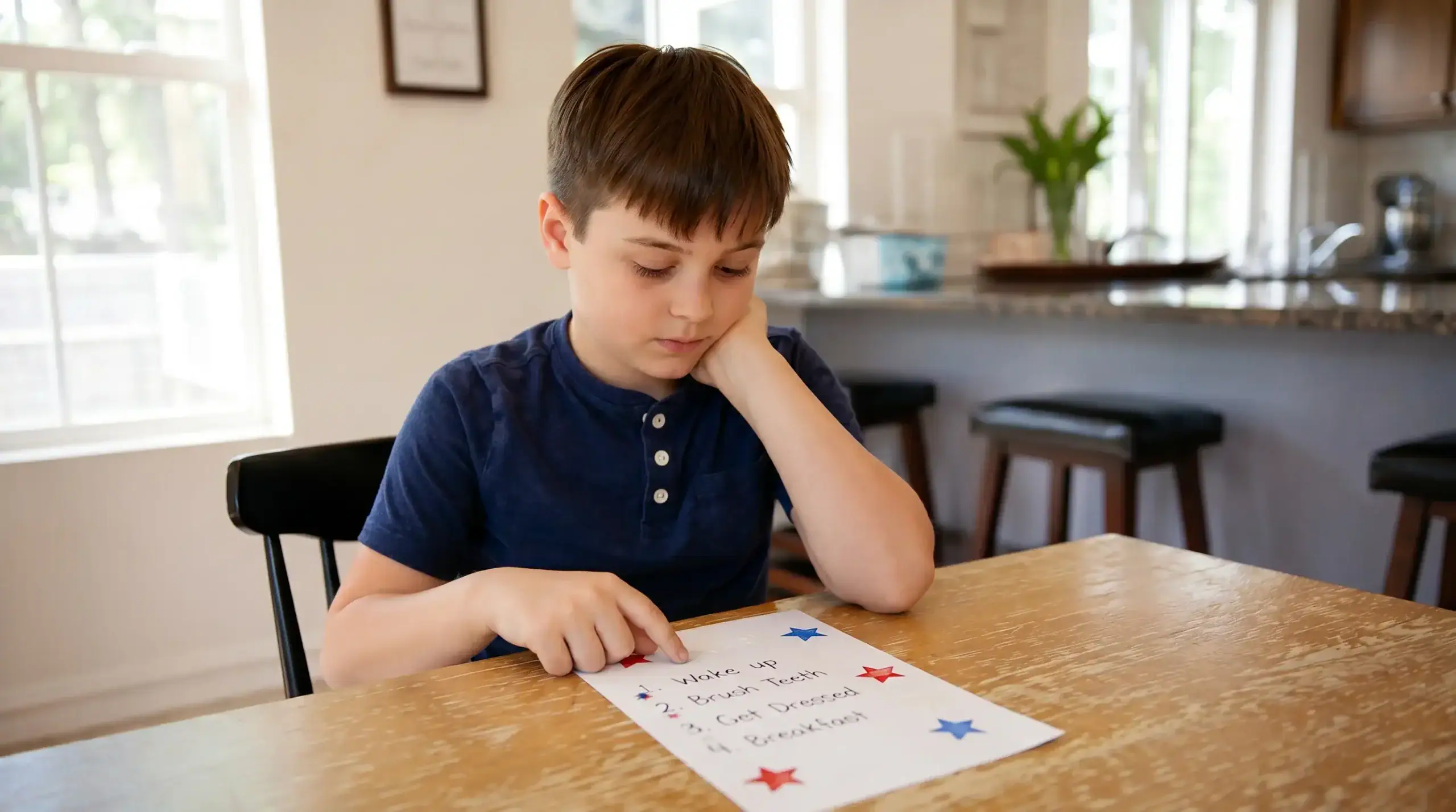 A child with special needs decorating a table with red, white, and blue items for a 4th of July celebration, smiling confidently