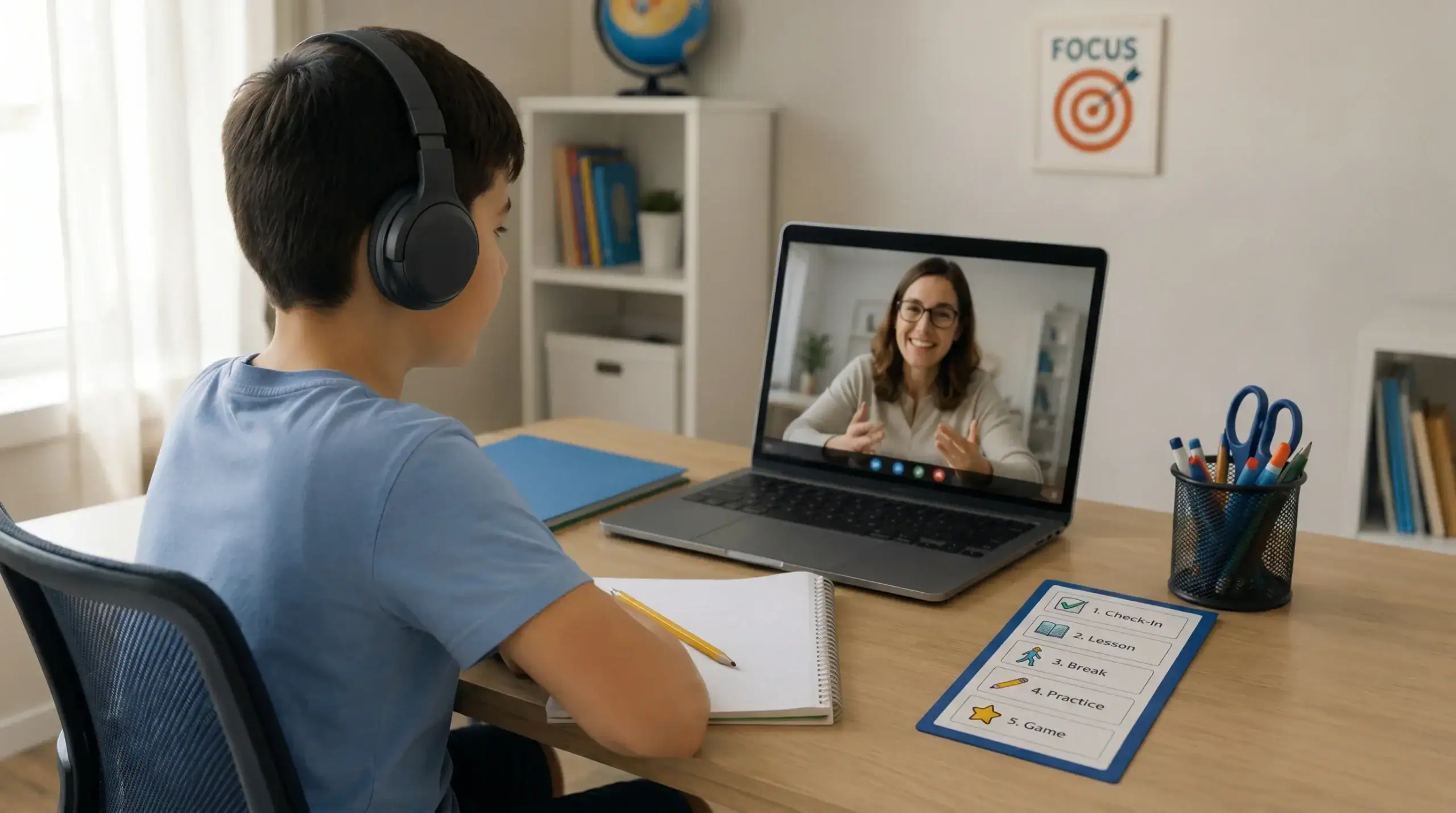 A student with special needs smiling while working on a laptop during an online tutoring session
