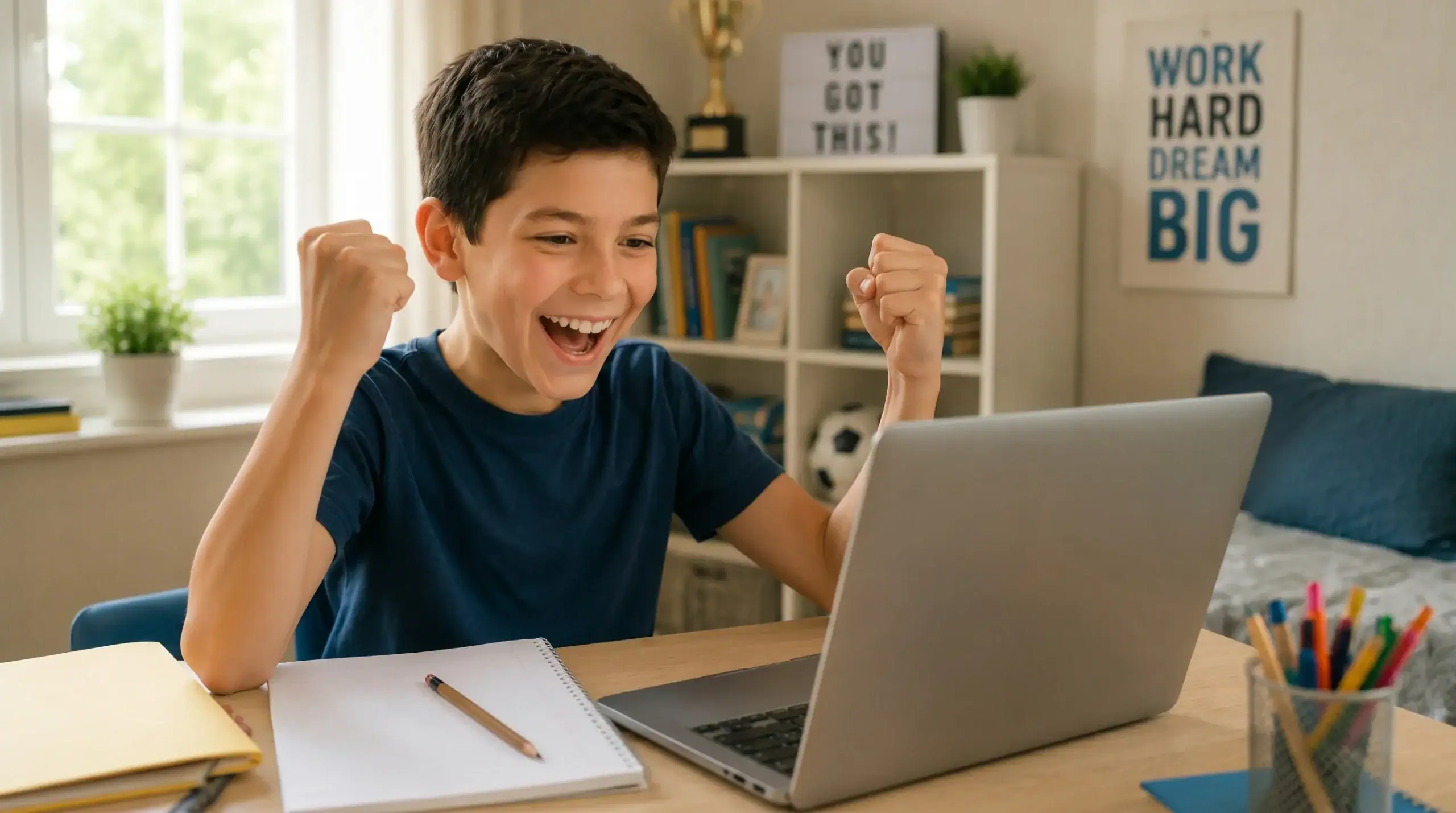 A student with special needs smiling while working on a laptop during an online tutoring session