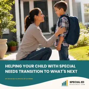 Parent comforting child with special needs before first day at a new school