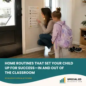 Parent and special needs child following a visual morning routine checklist before school