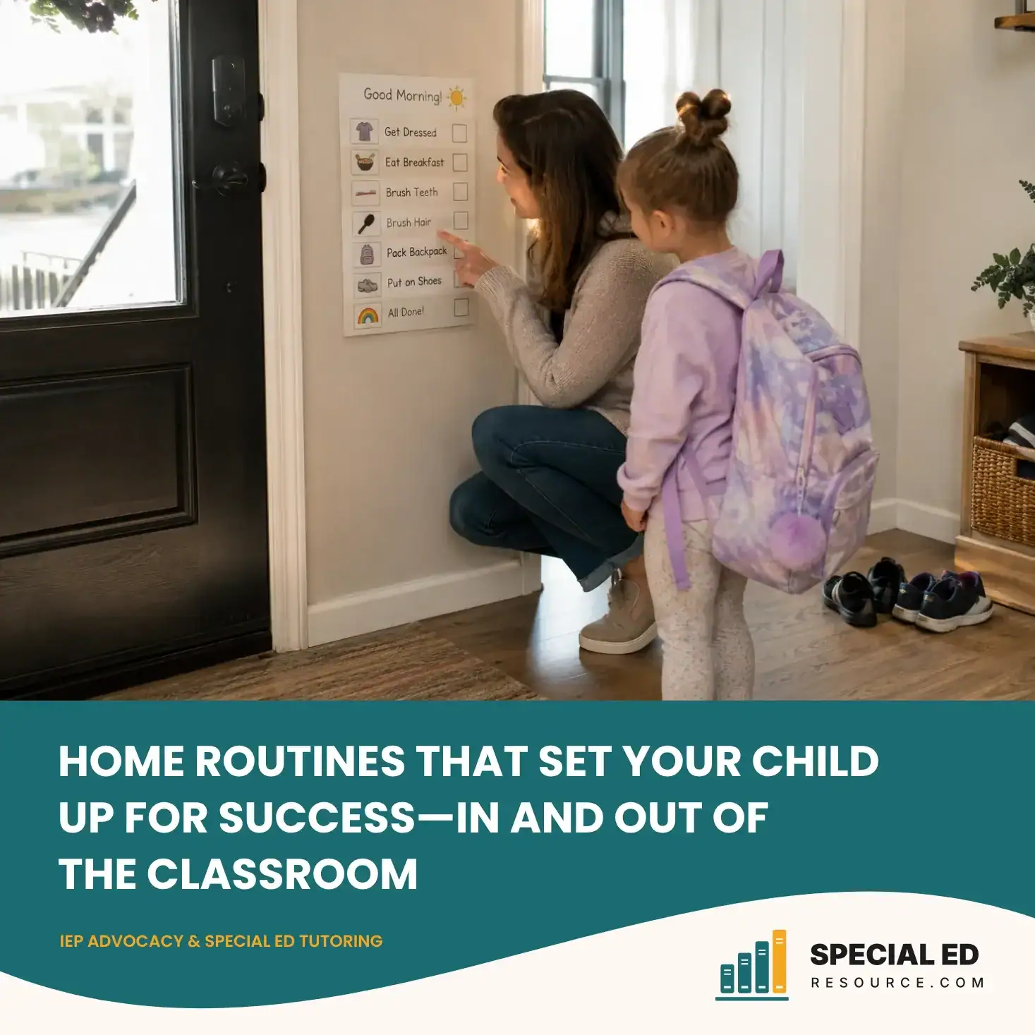 Parent and special needs child following a visual morning routine checklist before school