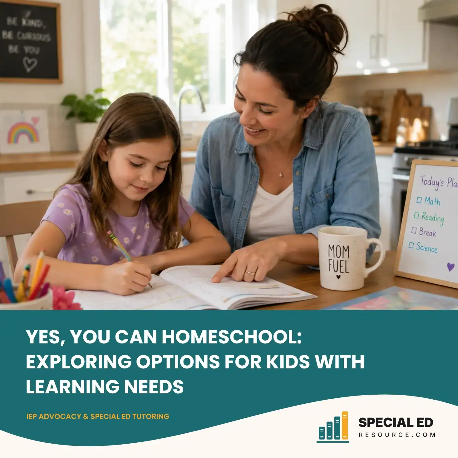 Parent and child with learning differences working together during a homeschool lesson at home