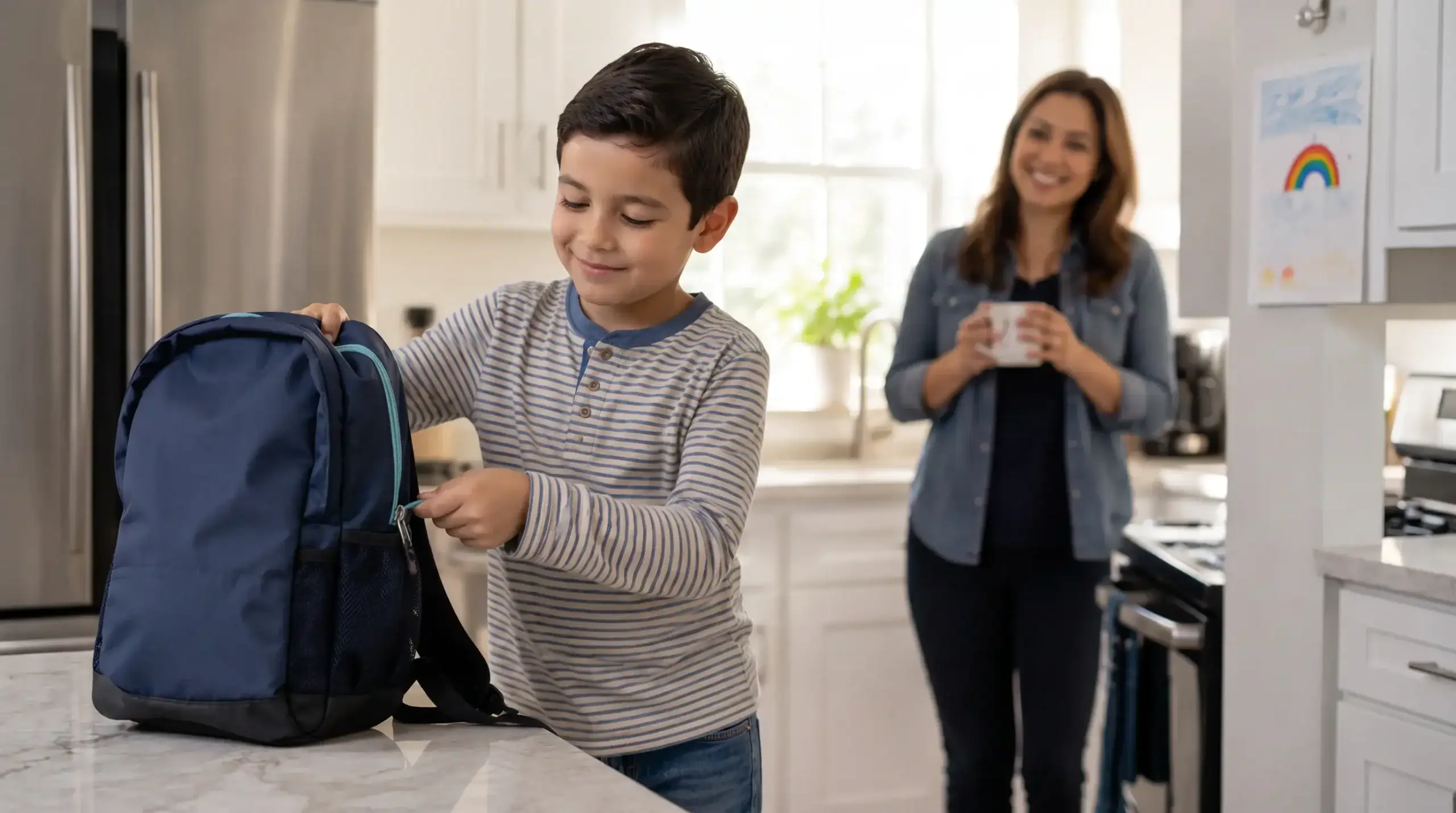 Parent and special needs child following a visual morning routine checklist before school