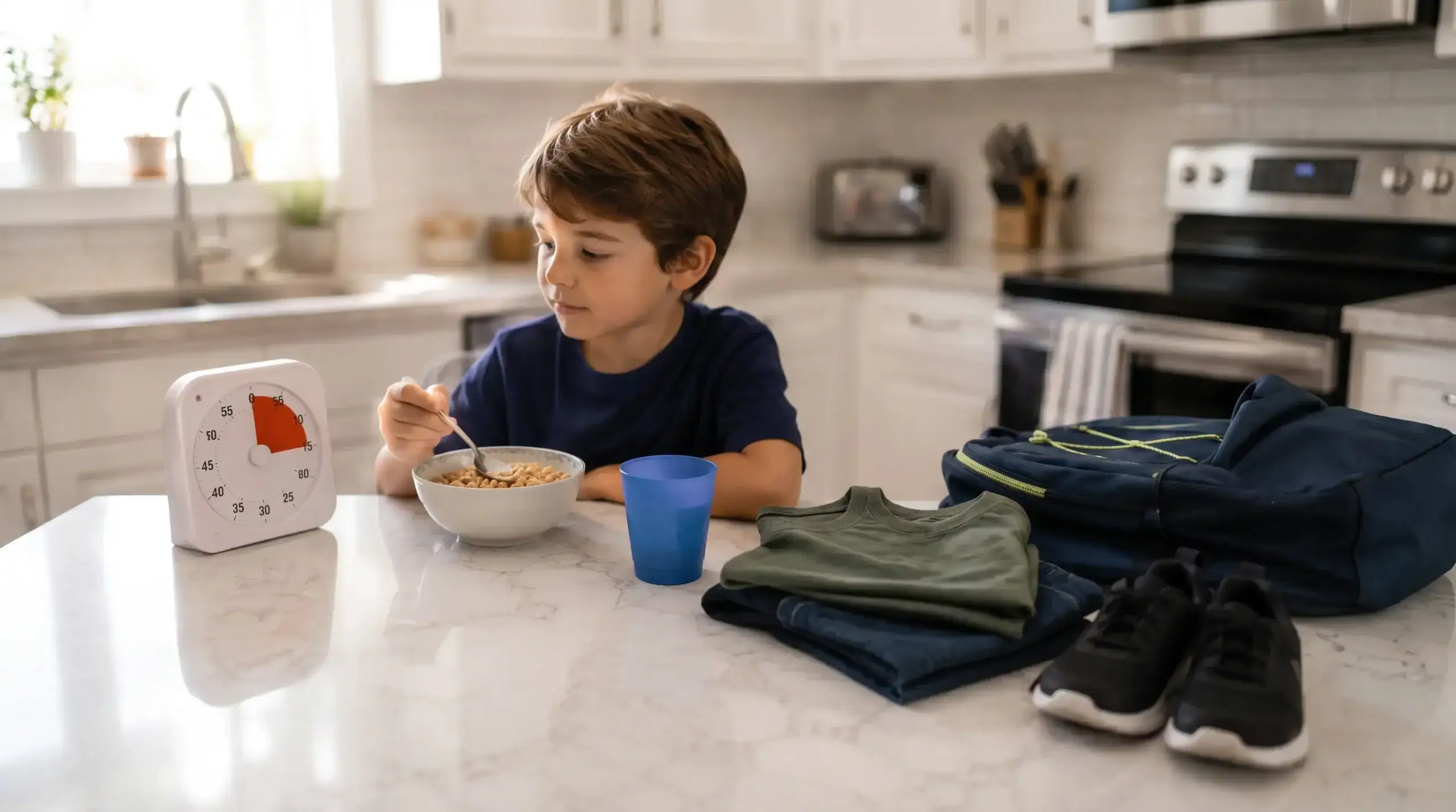 Parent and special needs child following a visual morning routine checklist before school
