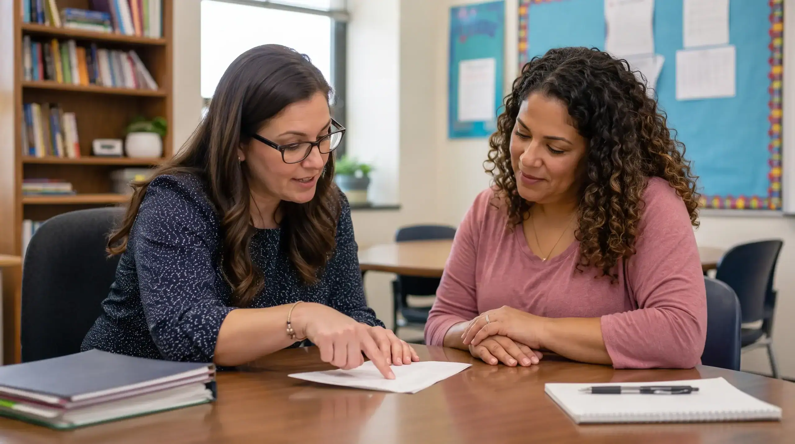 Parent and teacher discussing a child's IEP during a back-to-school meeting