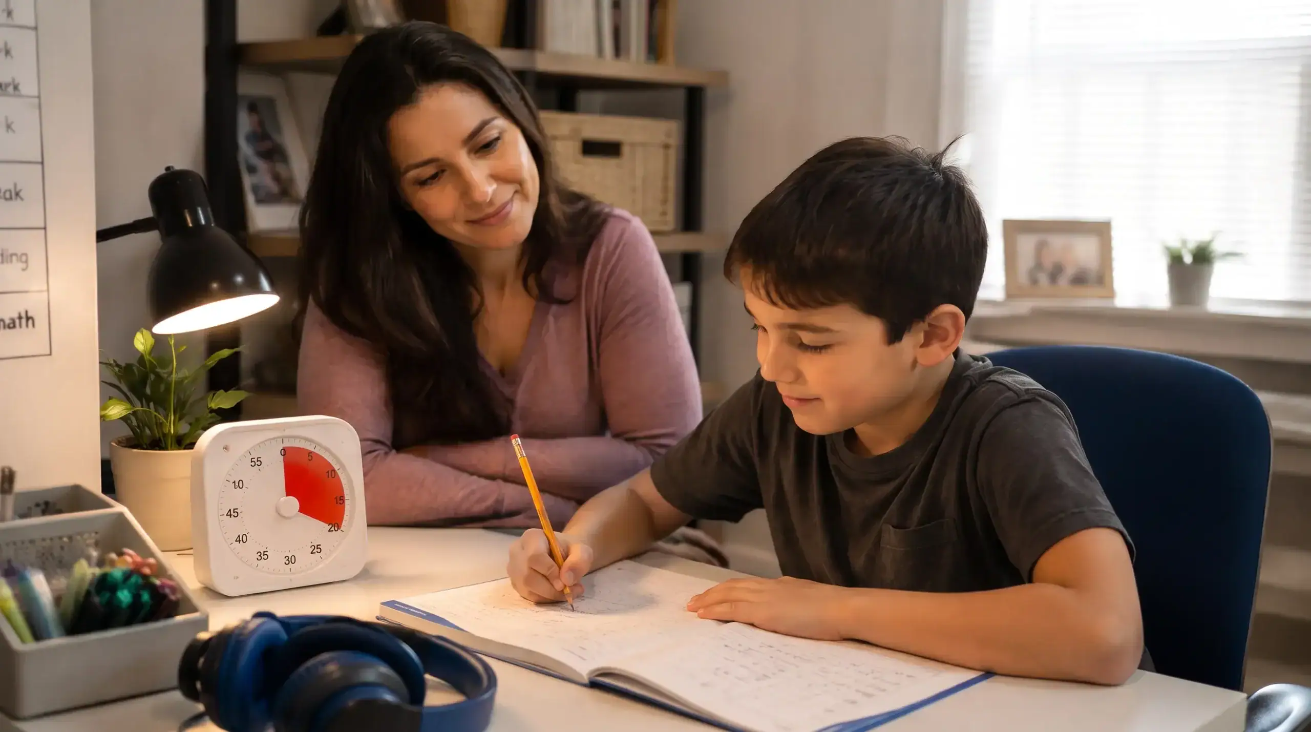 Parent and special needs child following a visual morning routine checklist before school