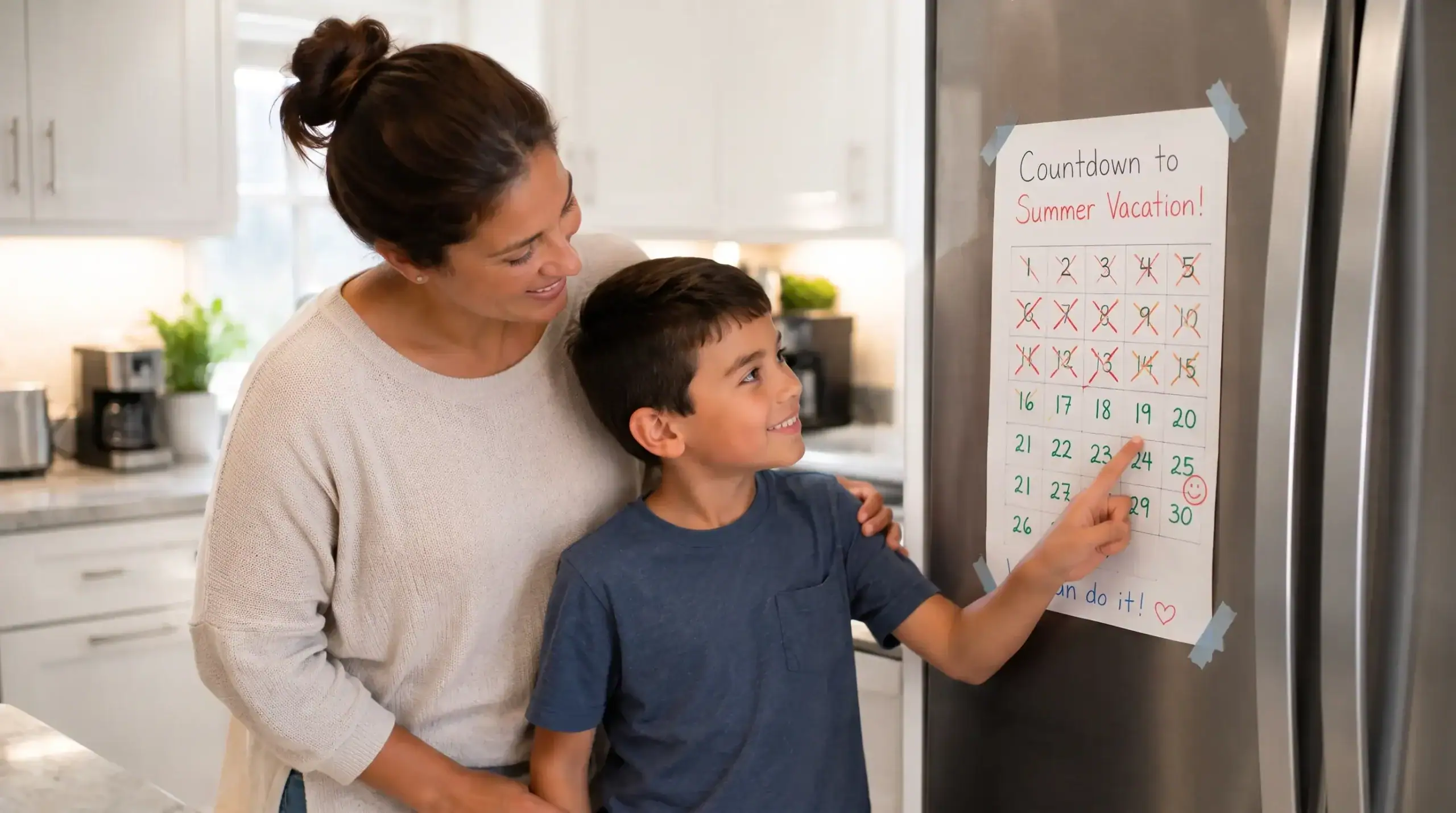 Parent and special needs child following a visual morning routine checklist before school