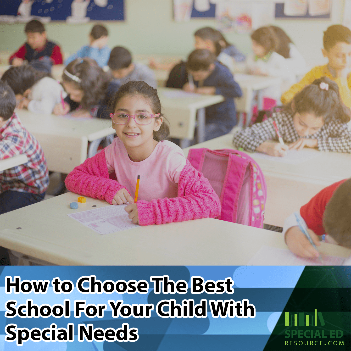 Need help finding the best school for your child with special needs? This is it! This young girl is happily sitting at her desk in a classroom at a school she enjoys.