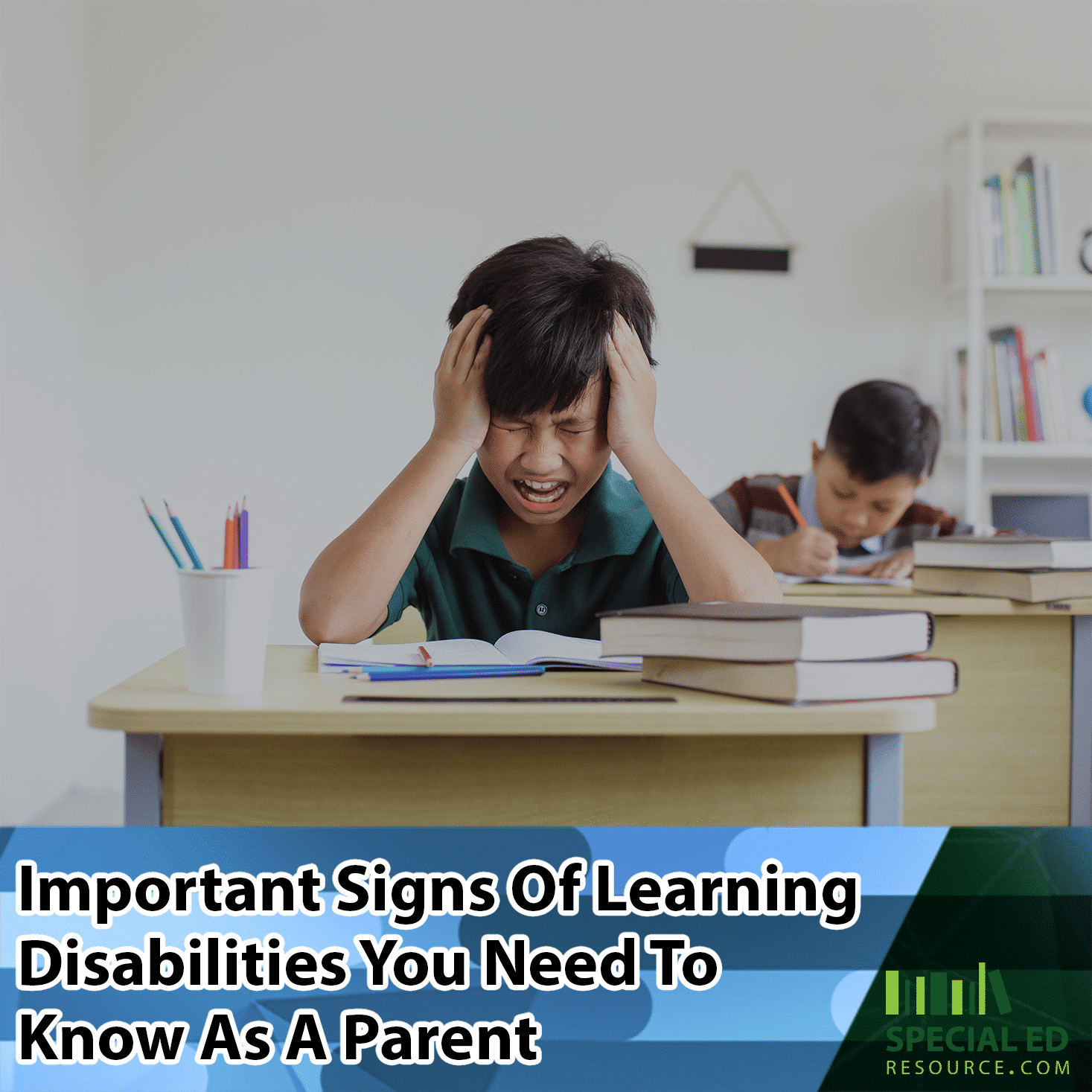 Frustrated child in the classroom at school showing signs of learning disabilities.