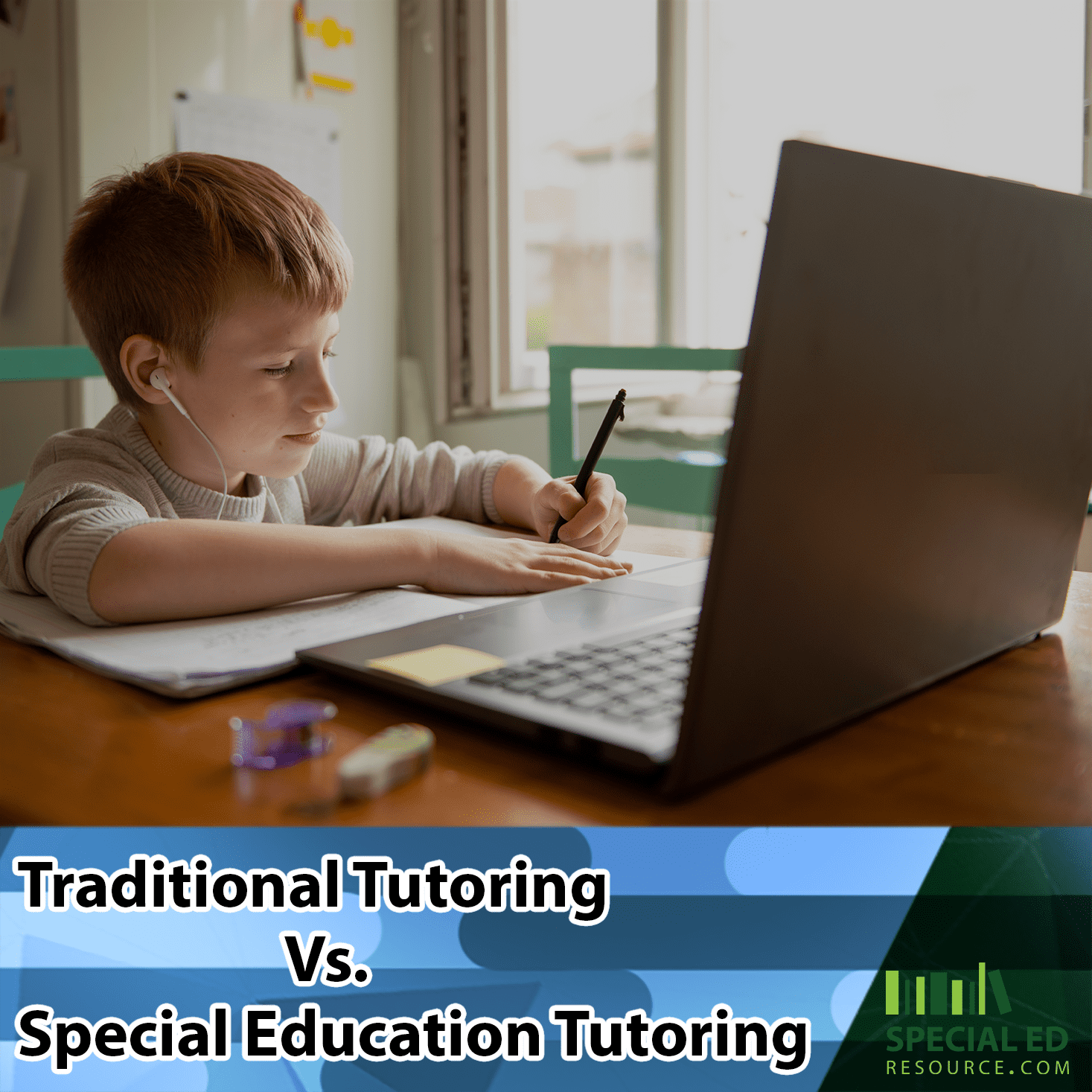 Boy with learning disabilities sitting at a computer at home doing schoolwork while his parents decide between Traditional Tutoring Vs. Special Education Tutoring to help him see academic success.