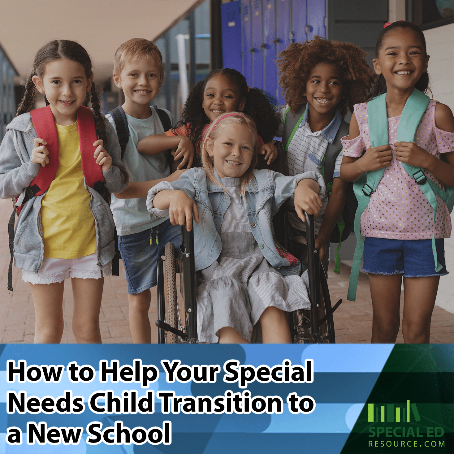 Group of children at school helping one girl in a wheelchair transition to a new school.