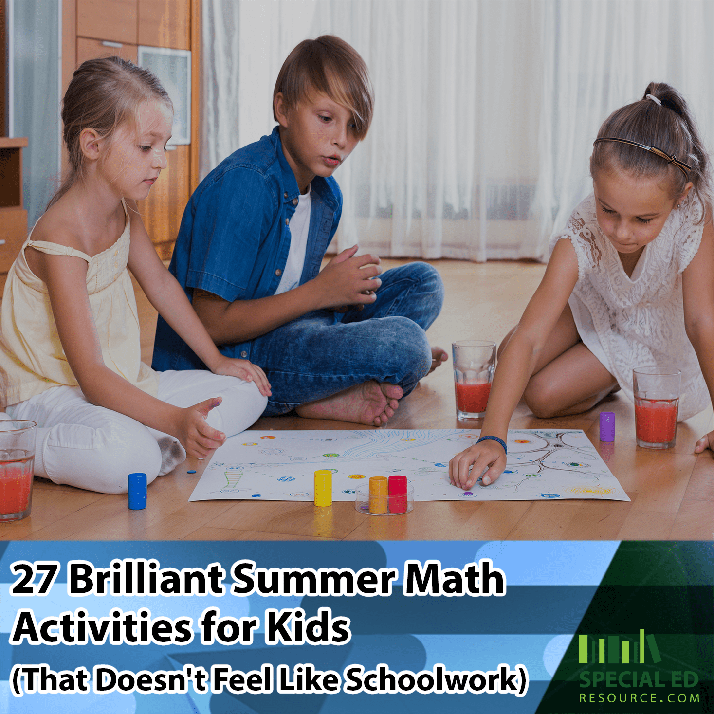 3 Kids playing a board game at home on the floor - one of the summer math activities their parents picked out for them to do that day.