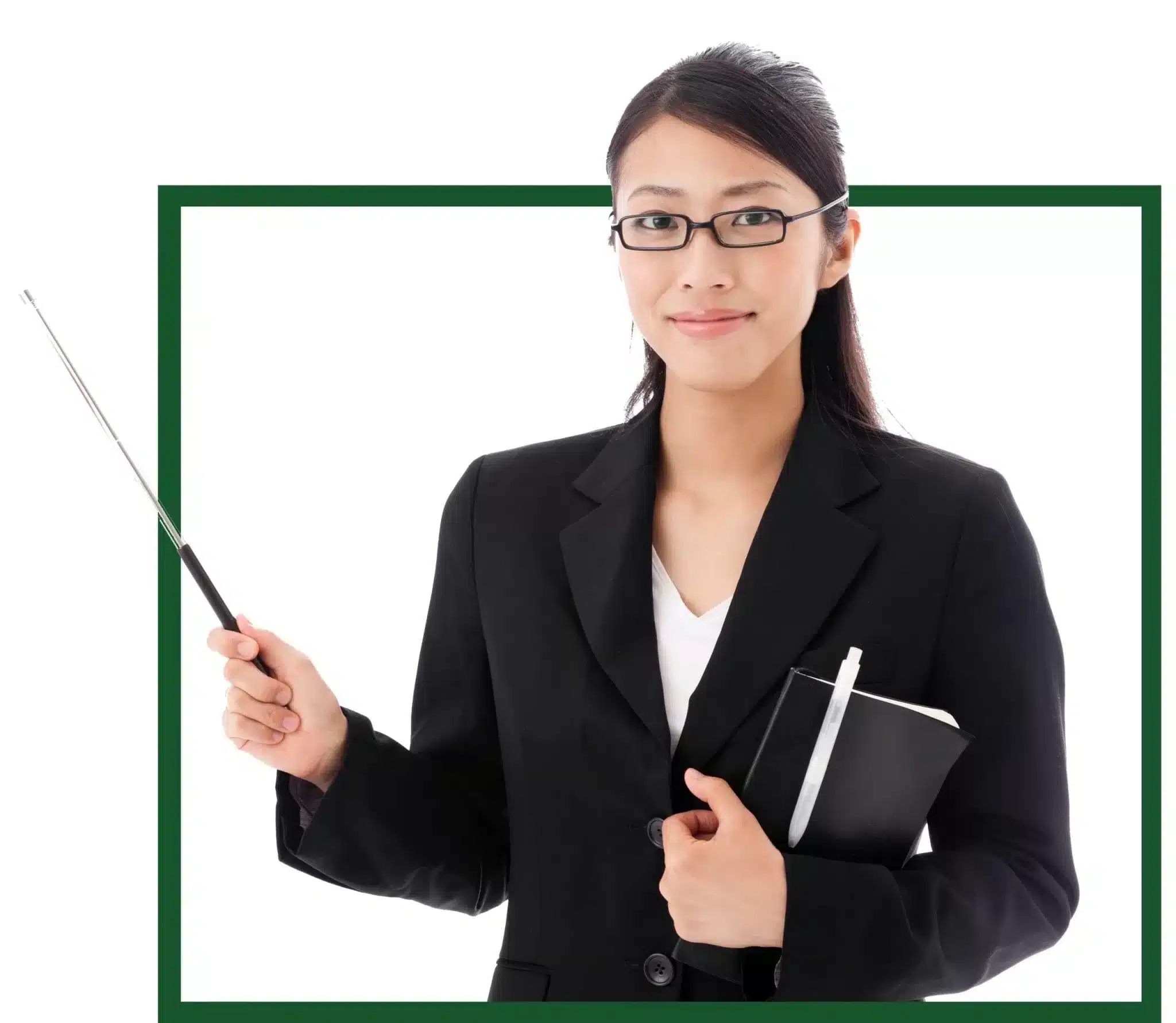 Teacher with his book and pointing things on his hands with green border