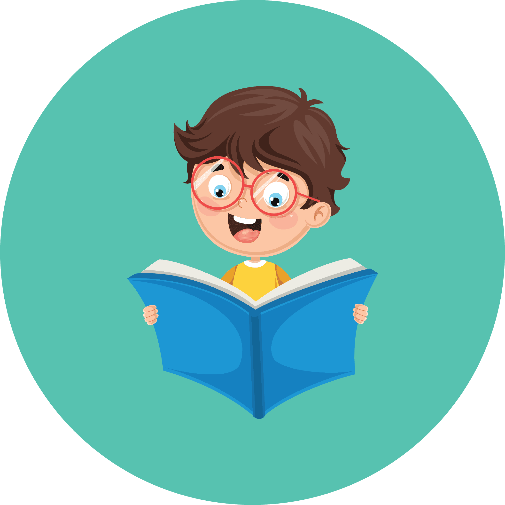 Rounded Happy Boy Reading Book With Blue Background