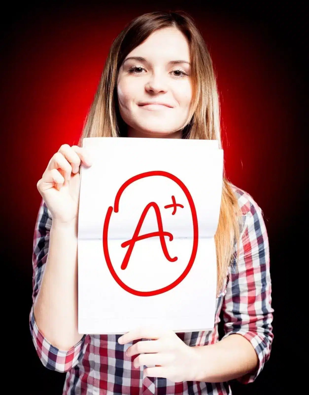 Woman with paper and A plus sign