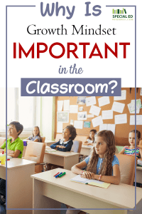 Elementary classroom of students sitting at their desks while their teacher does a growth mindset activity