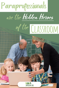 3 students sitting around a computer getting support from their paraprofessionals in their classroom at school.