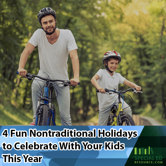 Dad and son on a bike ride trying out one of the 4 Fun Nontraditional Holidays to Celebrate With Your Kids This Year.