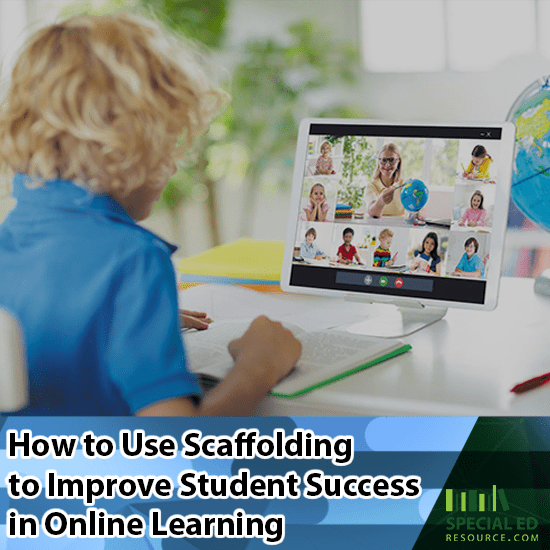 A young boy on a laptop at home with his teacher and classmates while his teacher is using scaffolding to improve student success in online learning.