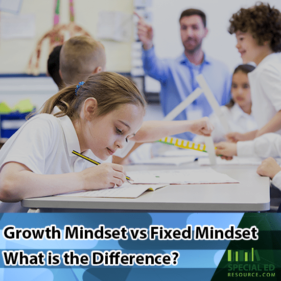 Children in a classroom at school the teacher can tell which students have a growth mindset vs fixed mindset.