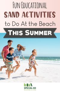 Family running on the beach looking for fun educational sand activities to do at the beach this summer.