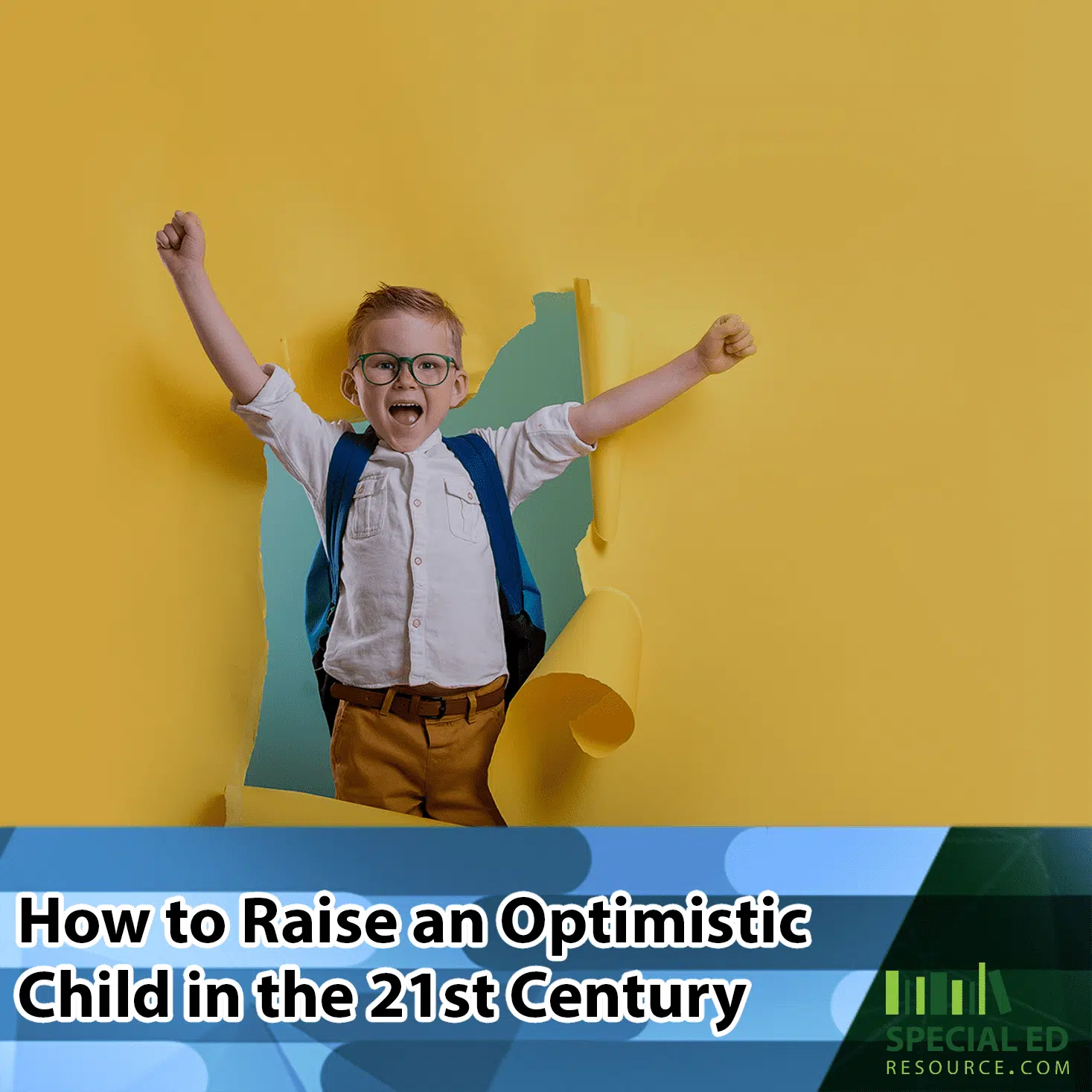 An optimistic child wearing a backpack busting through a yellow paper wall.