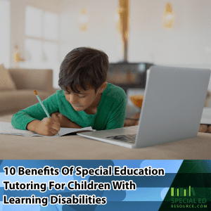 A boy doing his schoolwork at home online with his special education tutoring for children with learning disabilities program. 