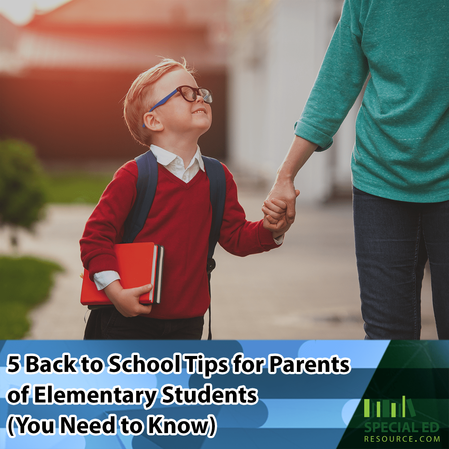 Mom walking her son to school on his first day. Help put your mind at ease with one of these 5 back to school tips for parents of elementary students.