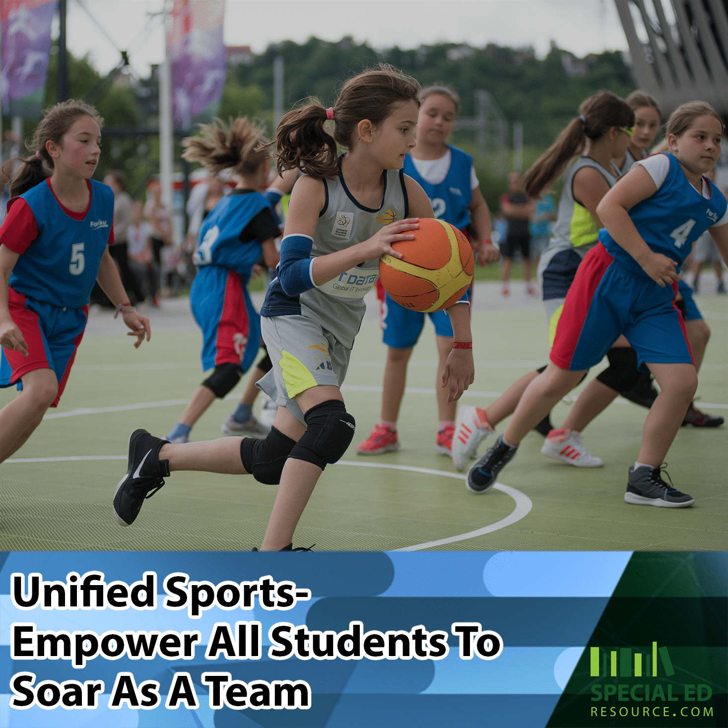 Students with disabilities and without playing basketball in their unified sports program at school.