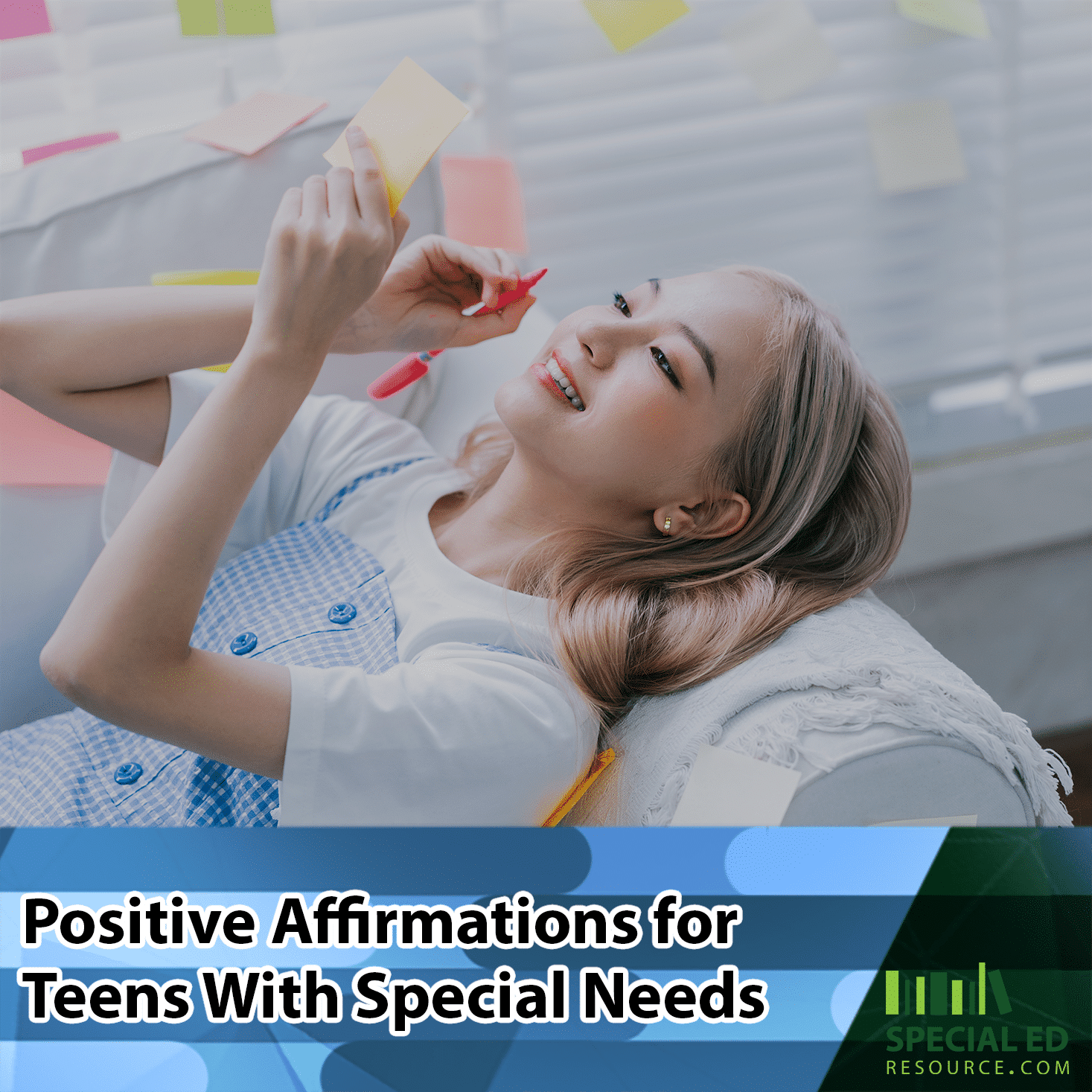 A teen girl laying on the couch happily writing positive affirmations on sticky notes.