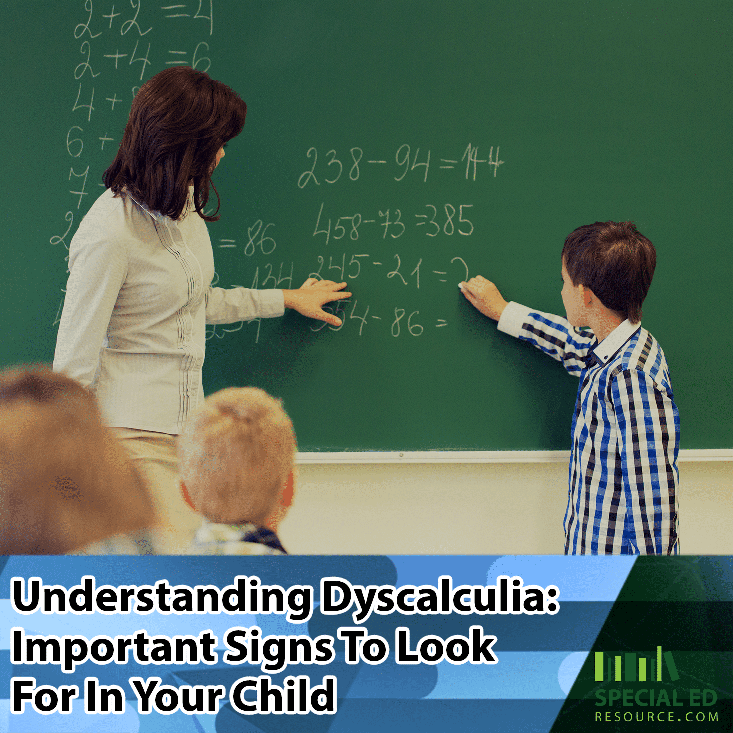 Young boy with dyscalculia standing at the chalkboard with his teacher in an elementary classroom struggling with a math problem.