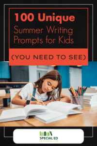 Young girl sitting at desk in her room at home doing one of these 100 Summer writing prompts for kids.