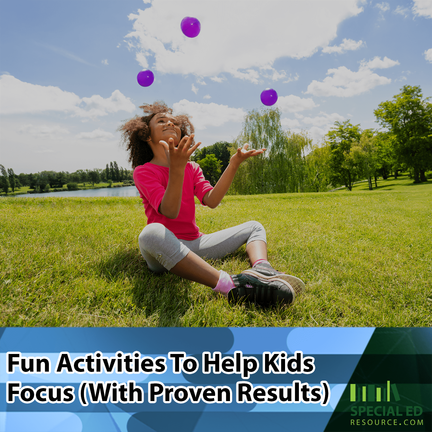 Girl sitting outside in the grass juggling which is one of the 29 simple activities to help kids focus.