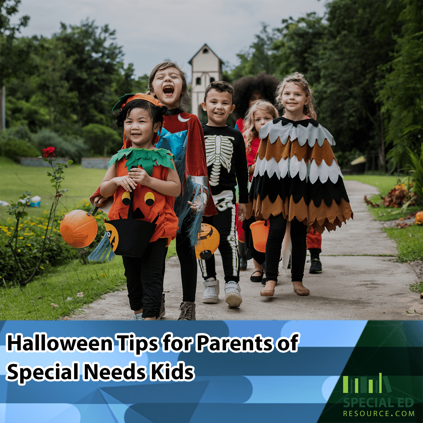 Group of children dressed in costumes on their way to a house to trick or treat after their parents incorporated these Halloween Tips for Parents of Special Needs Kids.