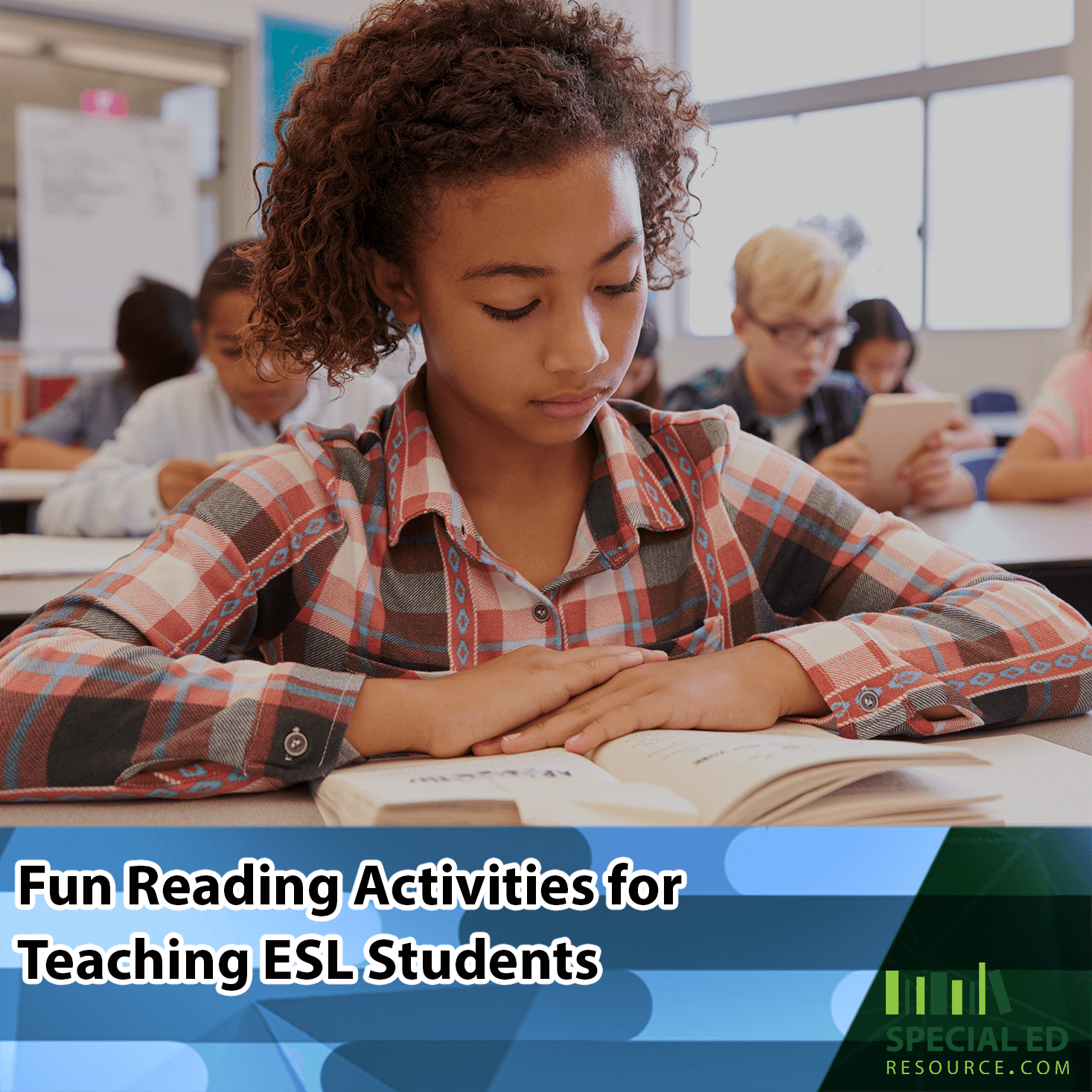 An ESL student engrossed in a book at her desk in a classroom, displaying one of these engaging reading activities for ESL students.