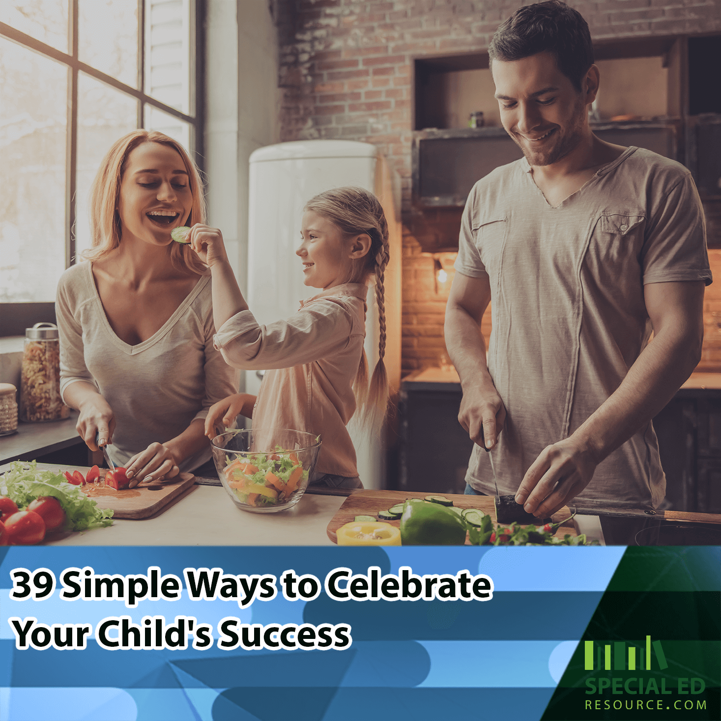 Mom, dad, and daughter joyfully cooking in the kitchen together, highlighting one of the ways to celebrate your child's success as a family.