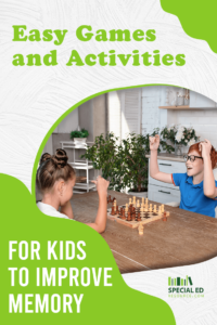 A brother and sister enjoying a game of chess, one of these 33 memory activities for kids, at their kitchen table.