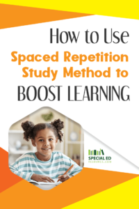 Text reading "How to Use Spaced Repetition Study Method to Boost Learning" is displayed above an image of a smiling young girl with two ponytails, holding a pencil and seated at a desk with an open notebook. The bottom right corner features the logo "Special Ed Resource." The background includes bright, diagonal yellow and orange accents.