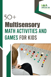 The title at the top reads, "50+ Multisensory Math Activities and Games for Kids." Below that is a child sitting on the floor, looking at a dry erase board with numbers 1 through 8 written across the top. Below each number, there are colored buttons arranged in columns corresponding to the numbers, creating a visual counting math activity. The design includes green and white accents, with the Special Ed Resource logo in the upper right corner.