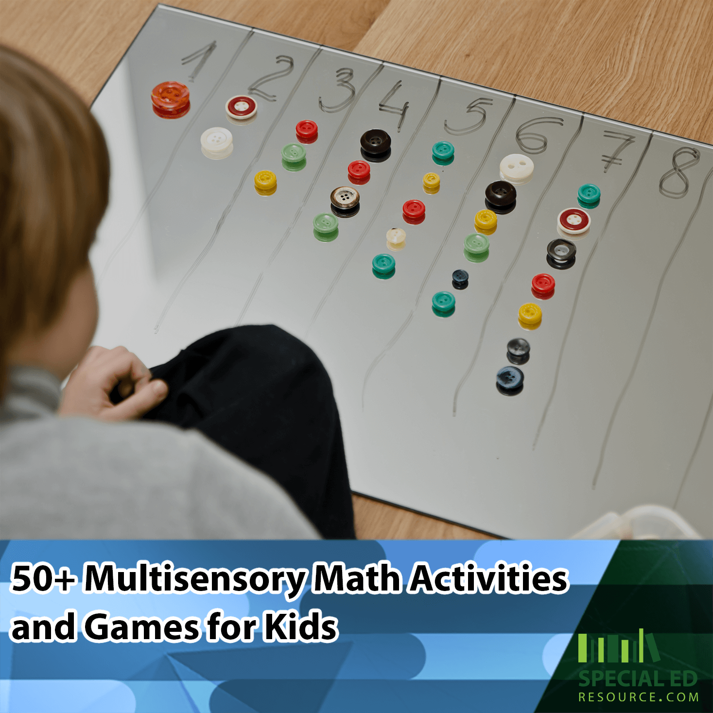 A child sitting on the floor, looking at a dry erase board with numbers 1 through 8 written across the top. Below each number, there are colored buttons arranged in columns corresponding to the numbers, creating a visual counting math activity. The text on the image reads, "50+ Multisensory Math Activities and Games for Kids," with a logo in the bottom right corner for Special Ed Resource.