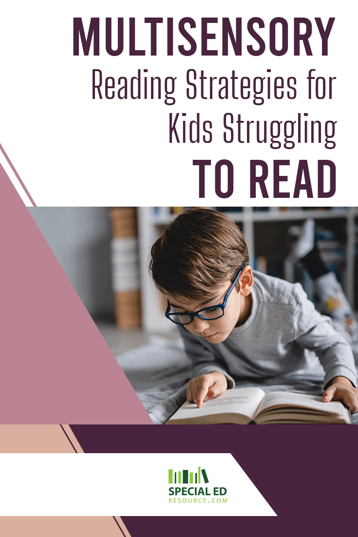 A young boy with glasses lies on his stomach, deeply engaged in reading a book, with his finger following the text. The upper part of the image highlights multisensory reading strategies for children who struggle with reading, while the lower part includes a logo for Special Ed Resource.