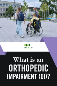 A young boy in a wheelchair, accompanied by two girls with backpacks, is moving through a school courtyard. The image is divided into two sections, with the upper part showing the scene and the lower part containing text. The lower section, with a black and purple background, features the text "What is an Orthopedic Impairment (OI)?" Below the text is the logo for Special Ed Resource.