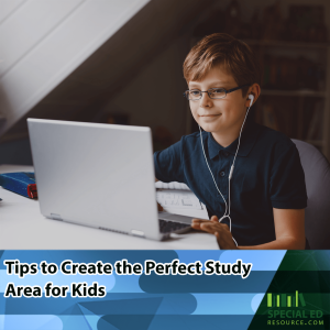 A young boy wearing glasses and earphones, working on a laptop in a well-lit study space. The text at the bottom reads, "Tips to Create the Perfect Study Area for Kids," with a logo from "Special Ed Resource" in the bottom-right corner. The boy appears focused, with a book or notebook nearby, suggesting a productive study environment.