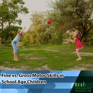 Two young girls playing with a red ball in a grassy outdoor setting, with trees in the background. One girl is mid-throw, while the other prepares to catch the ball. The text overlaid on the image reads, "Fine vs. Gross Motor Skills in School Age Children." A logo in the bottom right corner indicates the source, "Special Ed Resource.”